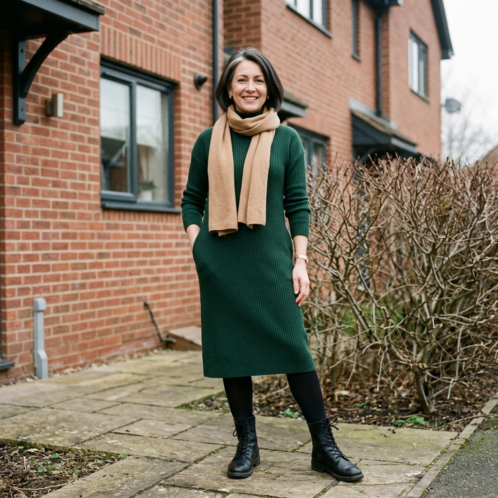 Woman over 50 in a forest-green ribbed sweater dress, black opaque tights, and black combat boots outside a brick home.