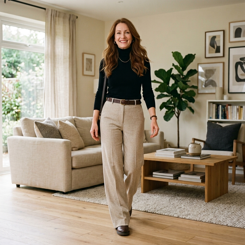 Woman in oatmeal wide-leg trousers and a black turtleneck with the toe of a brown boot just visible below the hem.