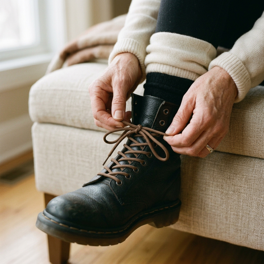 Hands lacing a black leather boot with round brown laces, the top two eyelets left open.