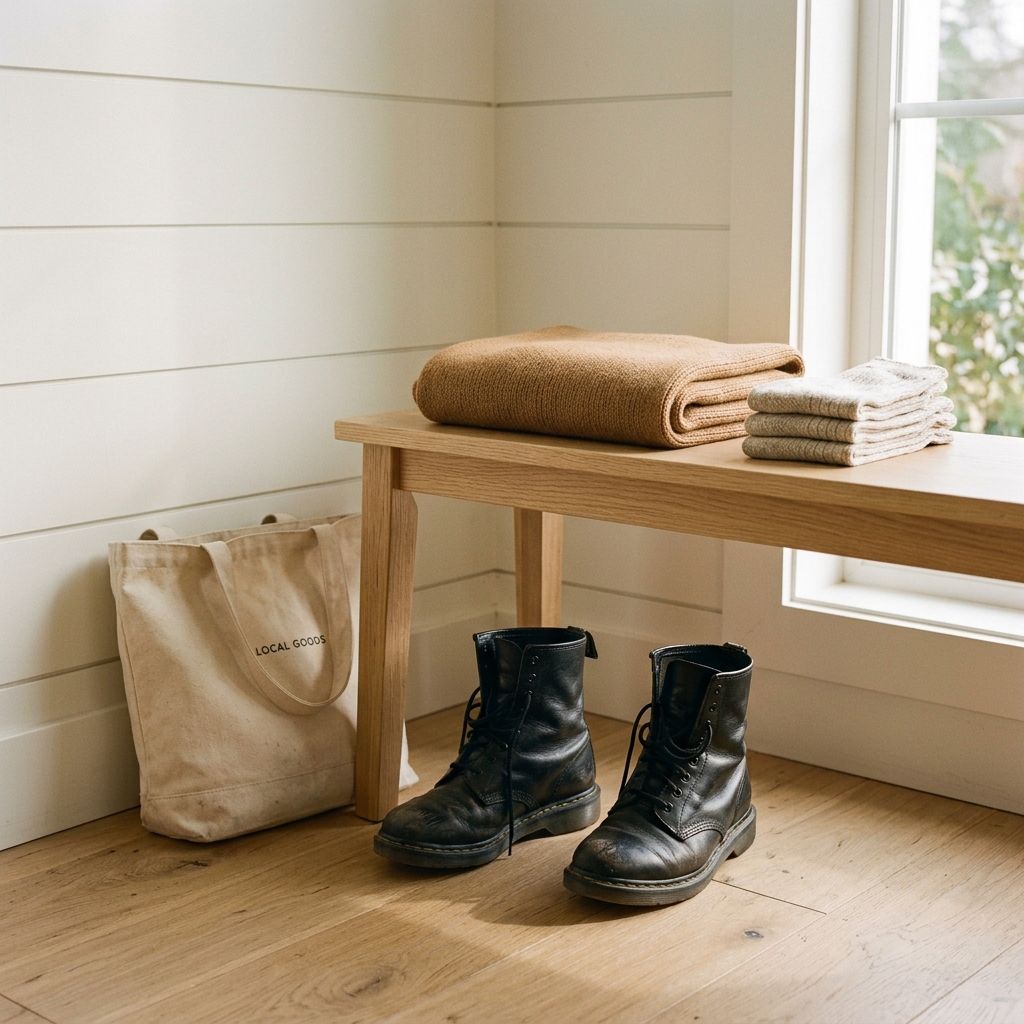 Black leather combat boots resting by an entryway bench with a folded camel scarf and stacked wool socks in morning light