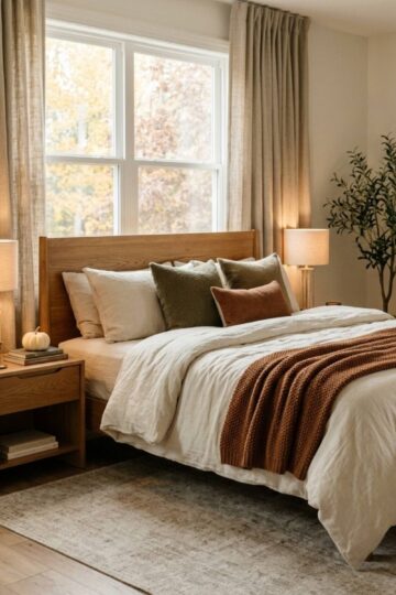A modern suburban bedroom styled with cream bedding, a rust knit throw, and a warm-toned lamp for a cozy fall bedroom look, with no Halloween decor in sight.