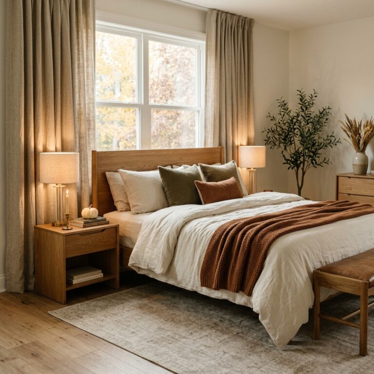 A modern suburban bedroom styled with cream bedding, a rust knit throw, and a warm-toned lamp for a cozy fall bedroom look, with no Halloween decor in sight.