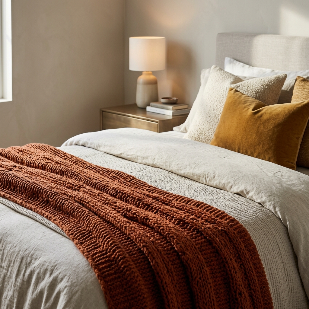 Close-up of layered fall bedding: a knit throw over neutral sheets with cream and gold accent pillows.