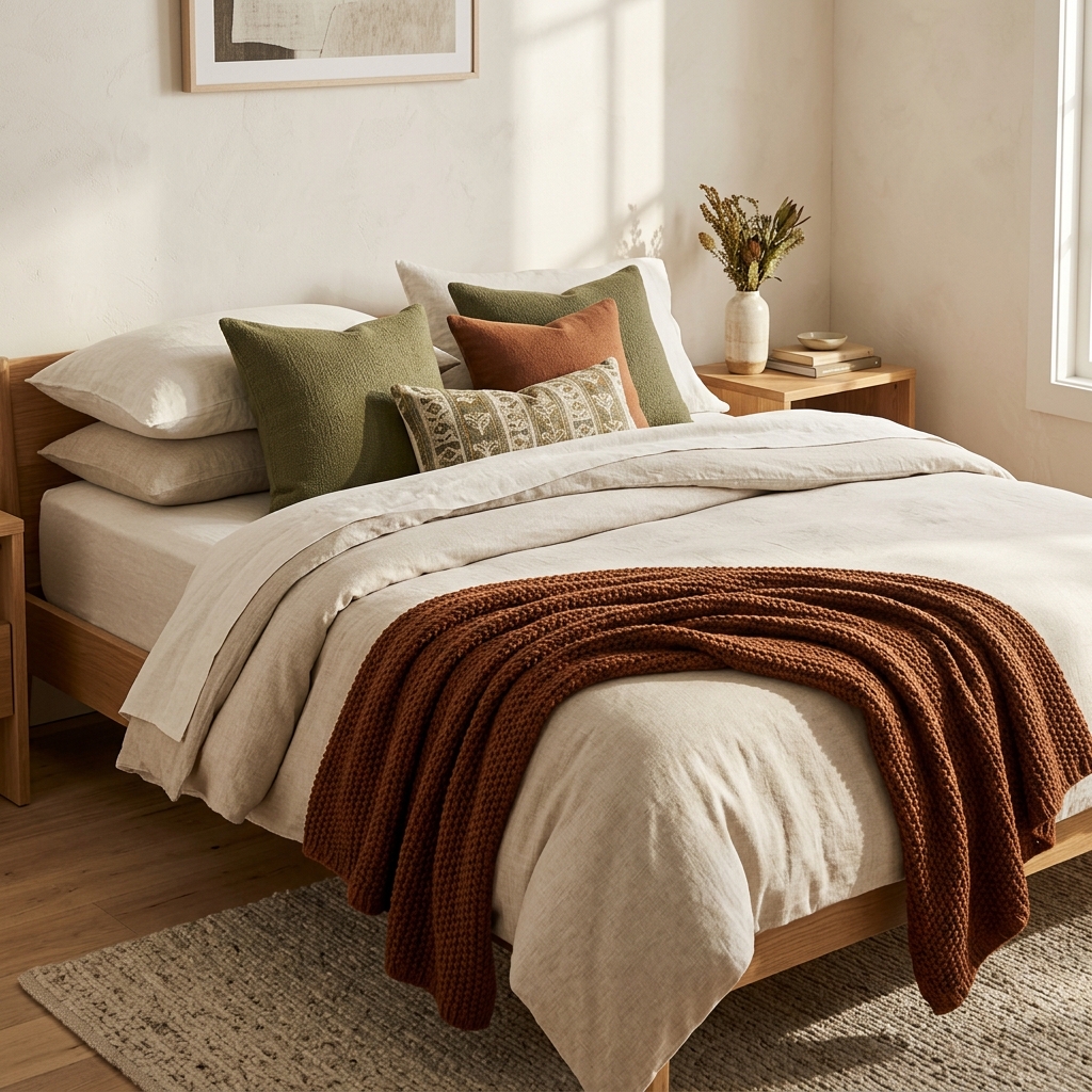 A styled fall bedroom bed corner with layered neutral bedding, a rust throw, and matched pillows in a limited color palette.