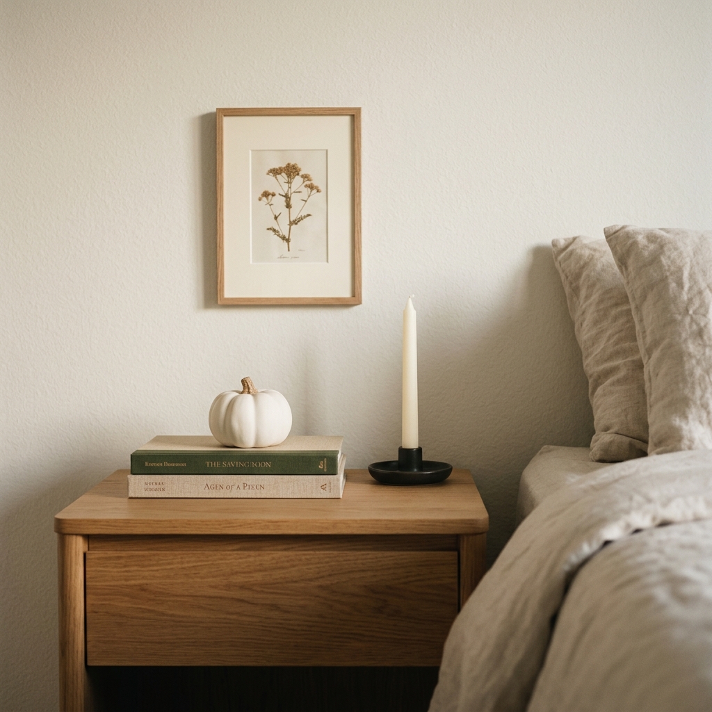 A styled nightstand with a taper candle, a small white ceramic pumpkin, stacked books, and a botanical print on the wall above.