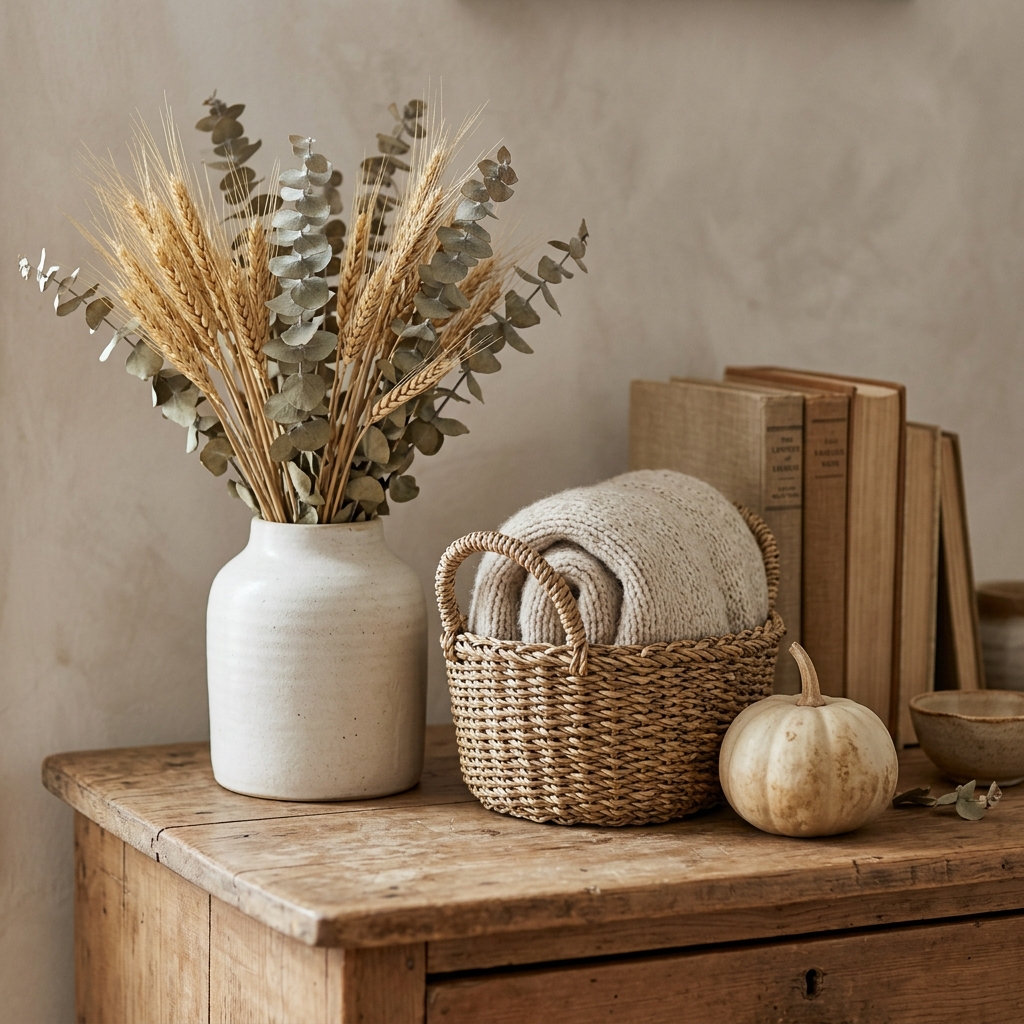 Dried wheat and eucalyptus in a ceramic vase beside a woven basket, styled in warm neutral tones with no Halloween decor.
