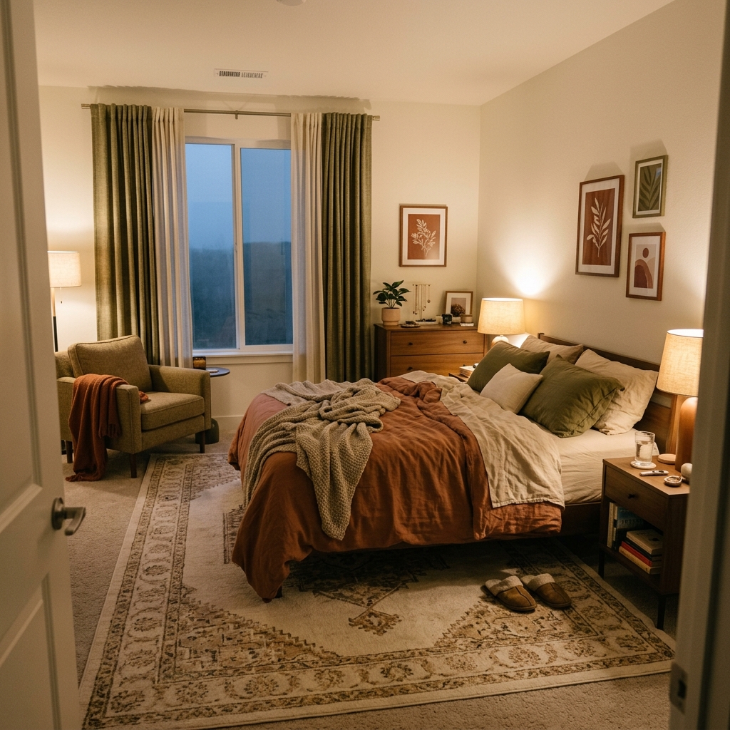 A finished fall bedroom in evening lamp light, with layered bedding and a blanket over a reading chair in the corner.