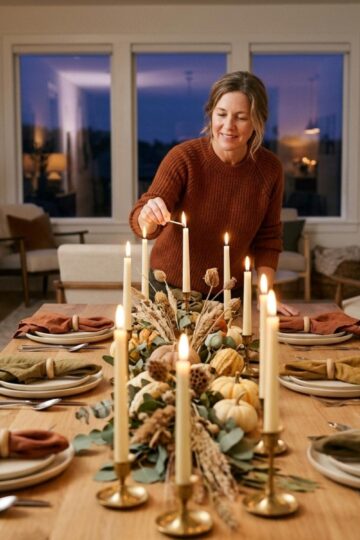 A woman in a rust sweater lights a taper candle at a long wooden dining table set for six with cream plates, linen napkins, and a low centerpiece of dried grasses and mini pumpkins.