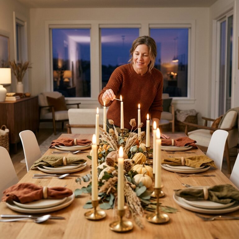 A woman in a rust sweater lights a taper candle at a long wooden dining table set for six with cream plates, linen napkins, and a low centerpiece of dried grasses and mini pumpkins.