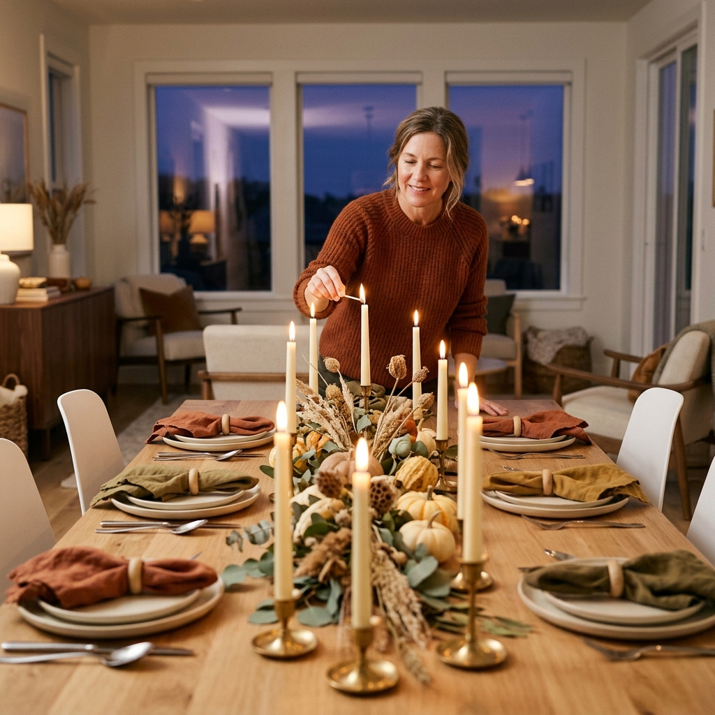 A woman in a rust sweater lights a taper candle at a long wooden dining table set for six with cream plates, linen napkins, and a low centerpiece of dried grasses and mini pumpkins.