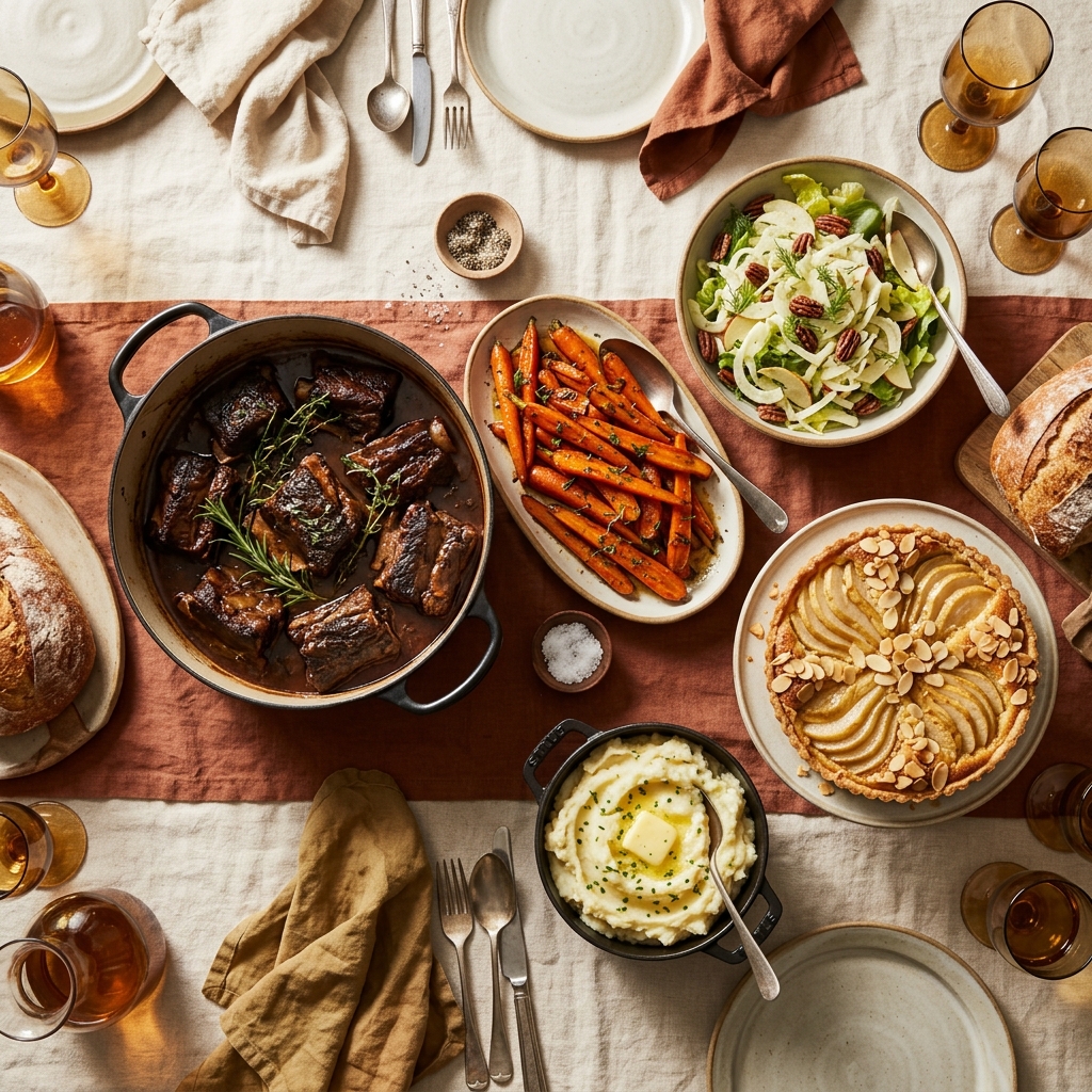 An overhead view of a fall dinner spread with braised short ribs, maple-glazed carrots, a fennel and apple salad, mashed potatoes, and a pear and almond tart.