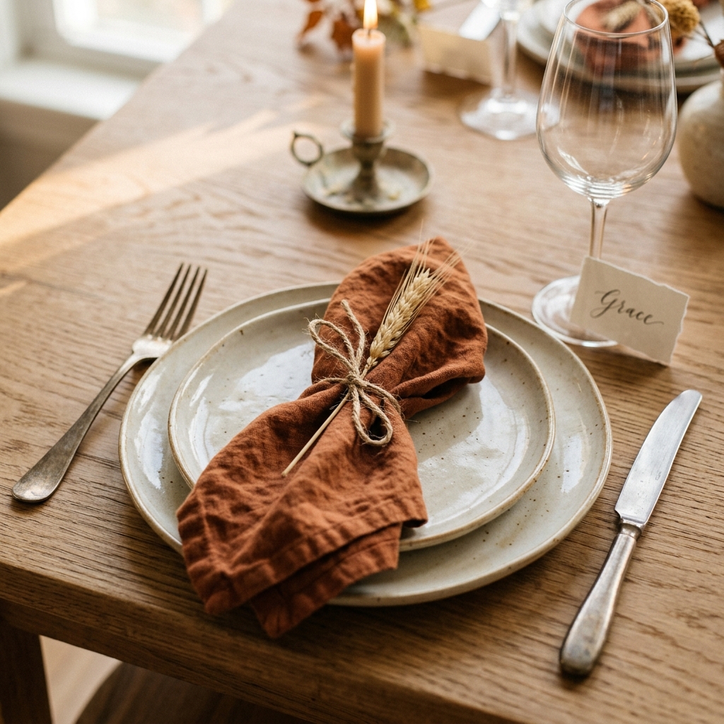 A close view of a fall place setting with a cream plate, a rust napkin tied with dried wheat, a wine glass, and a handwritten place card.