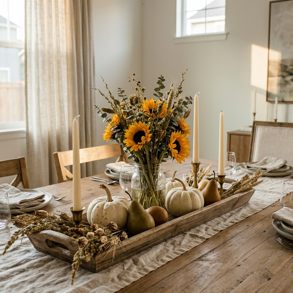 A low wooden tray on a dining table holding small pumpkins, pears, dried grasses, sunflowers in a jar, and cream taper candles.