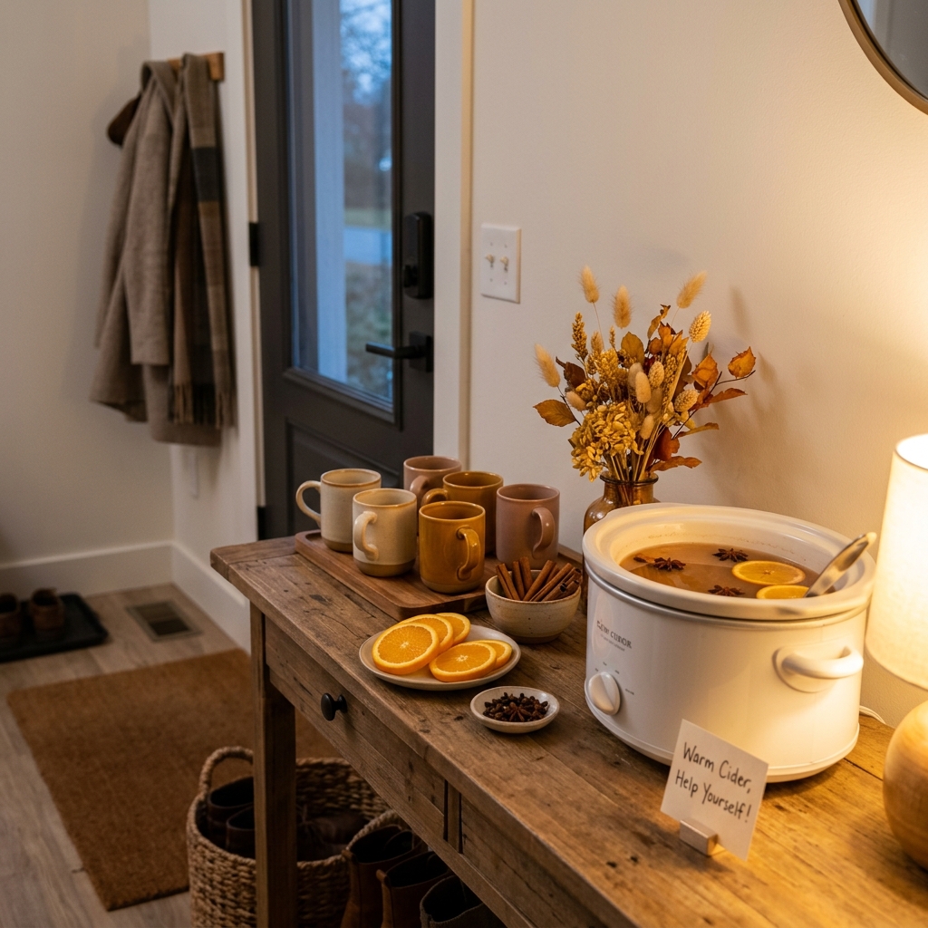 A welcome station with a slow cooker of hot spiced cider, ceramic mugs, cinnamon sticks, and orange slices on an entryway table.