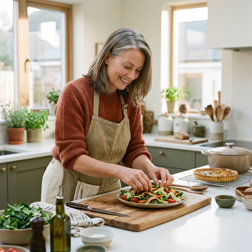 A woman in a rust sweater and linen apron plating a salad at a white kitchen island while dinner finishes in the oven.