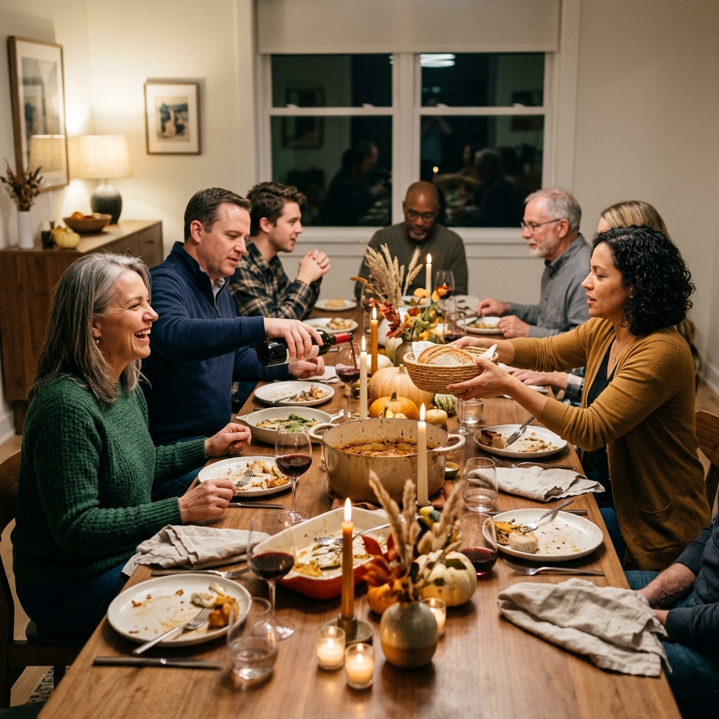 Guests laugh and pass dishes around a candlelit fall dinner table set with a Dutch oven, small pumpkins, and dried grasses.
