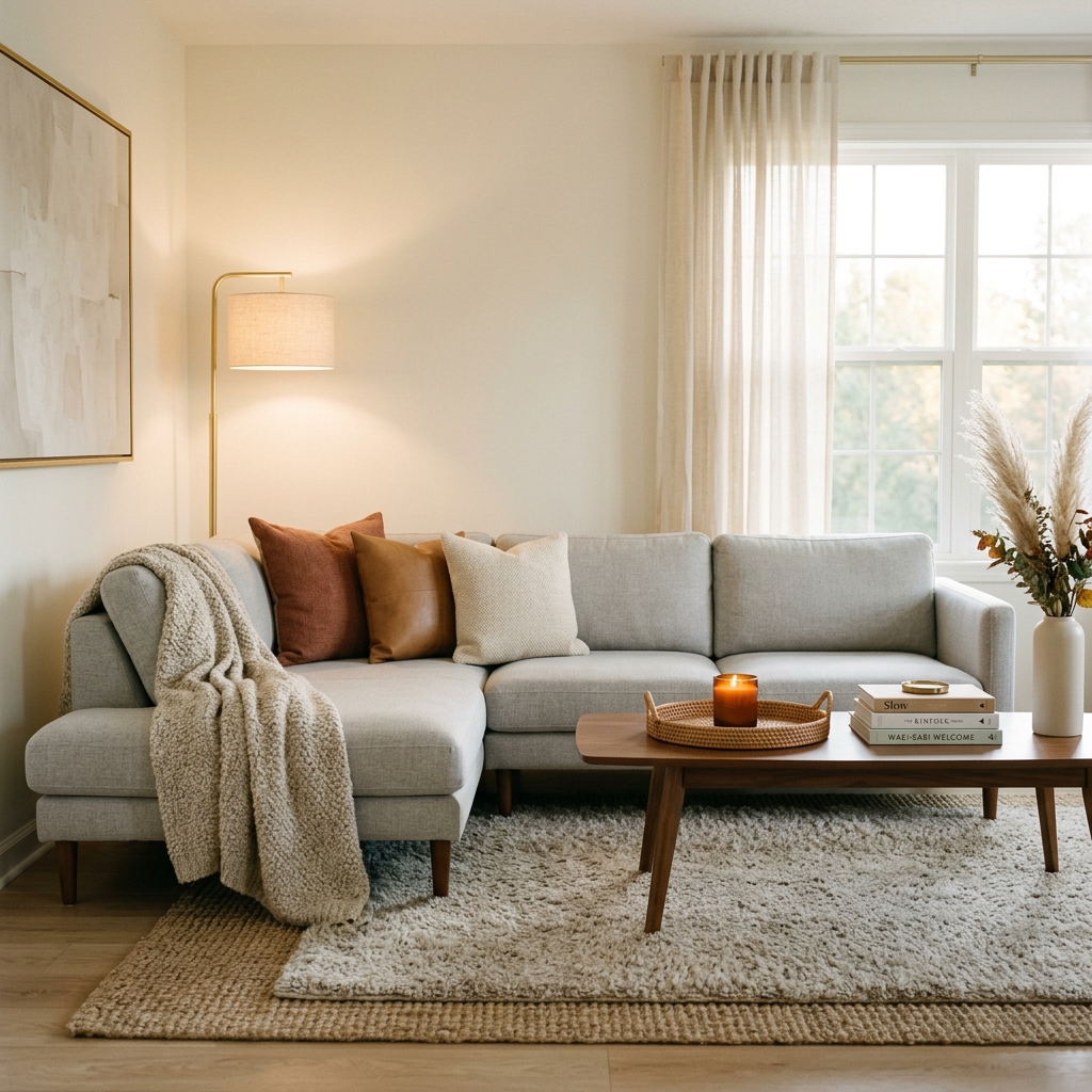 A modern gray sectional styled for fall with rust and camel pillow covers, an oatmeal wool throw, and a layered rug.