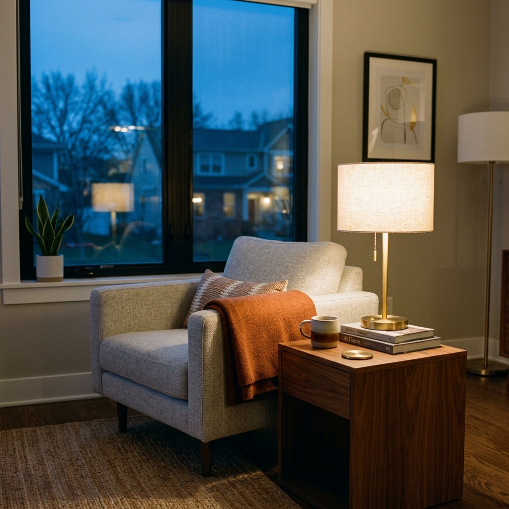A brass table lamp casting warm amber light across a walnut side table beside a gray armchair at dusk.