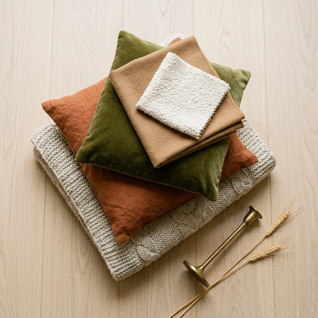 Folded textiles in rust, olive, camel, and oatmeal arranged on a pale oak floor with brass and dried wheat.
