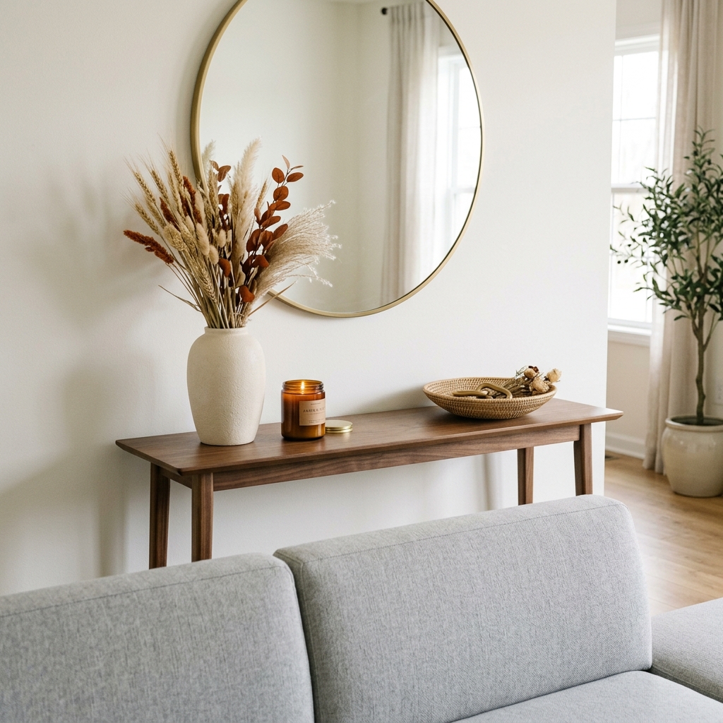 : A walnut console styled with a tall cream vase of dried wheat, an amber candle, and a low rattan bowl.