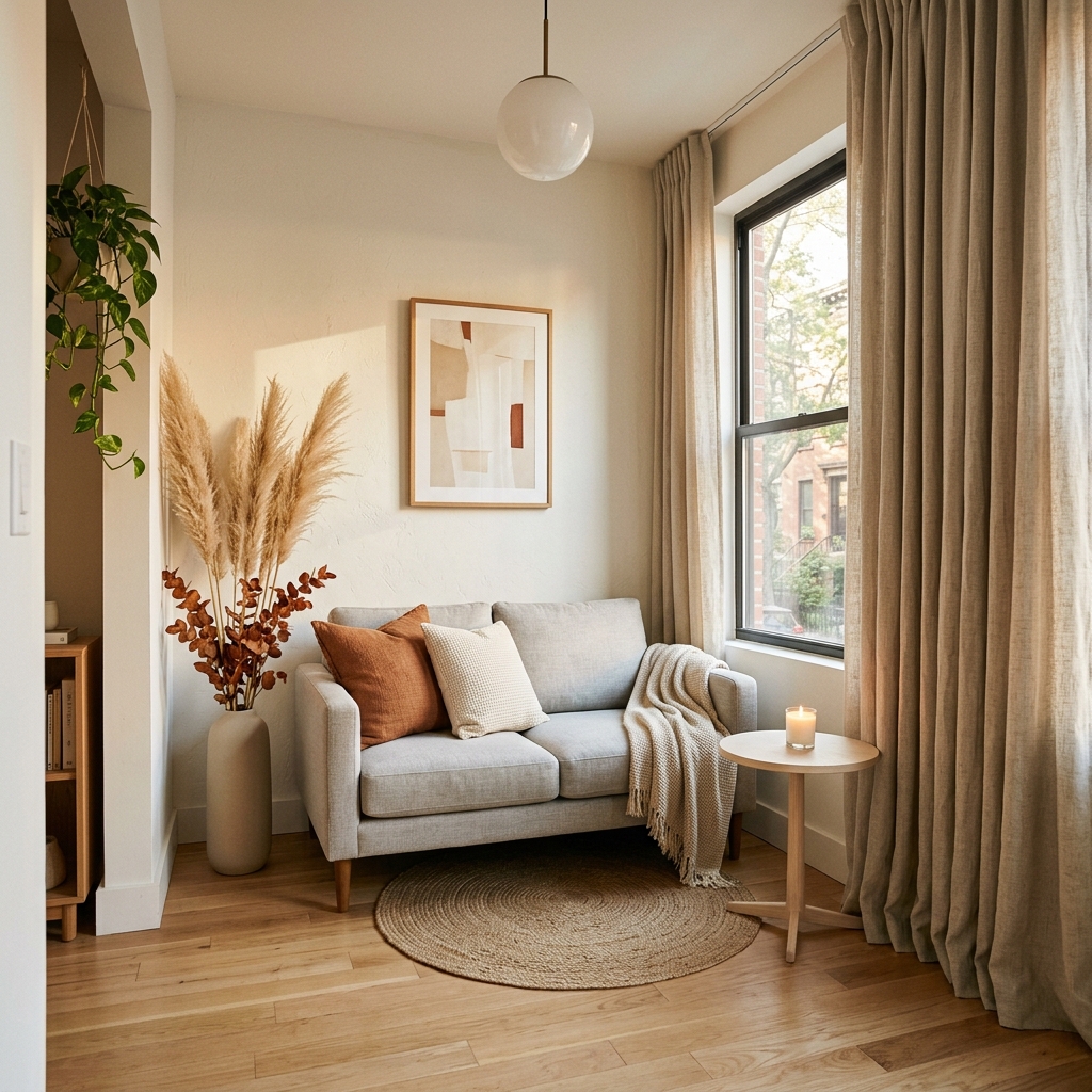 A compact apartment living room with a two-seat gray sofa, a tall floor vase of dried stems, and heavy linen curtains.