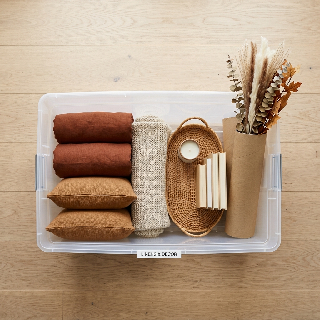 A clear storage bin packed with folded rust and camel pillow covers, a rolled wool throw, a rattan tray, and upright faux stems.