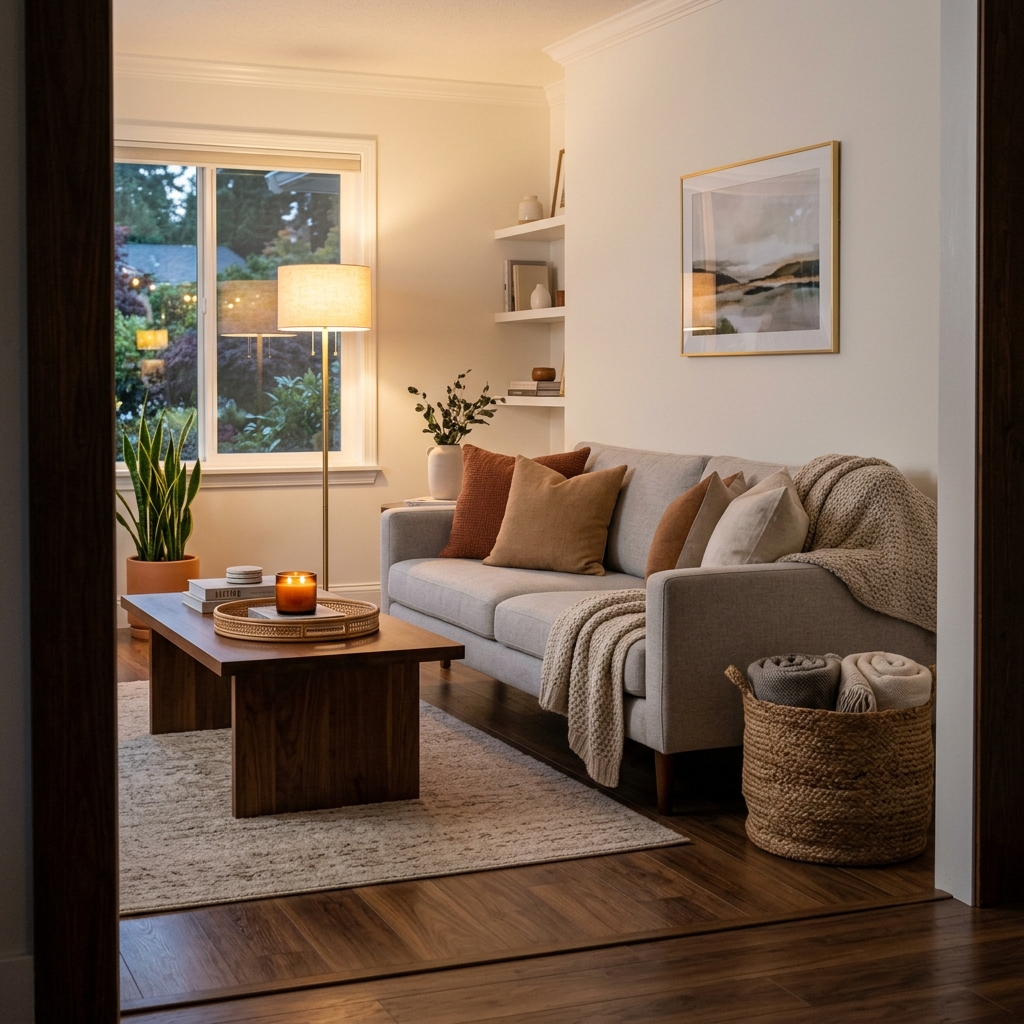 A calm modern living room at evening with a lit candle, warm lamp light, and a basket of rolled blankets by the sofa.