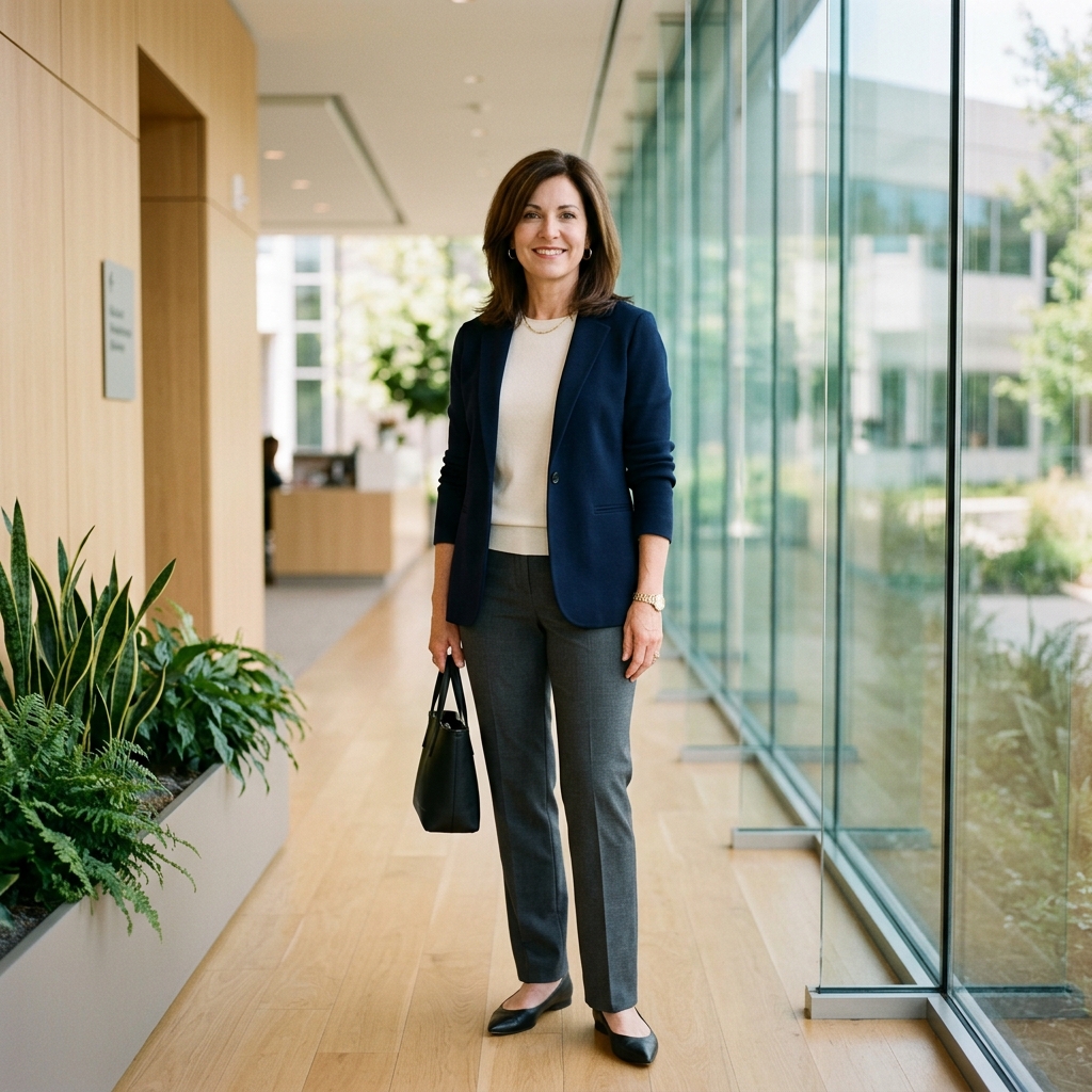 Woman over 50 in a navy knit blazer, ivory sweater, and charcoal trousers standing in a bright office lobby.