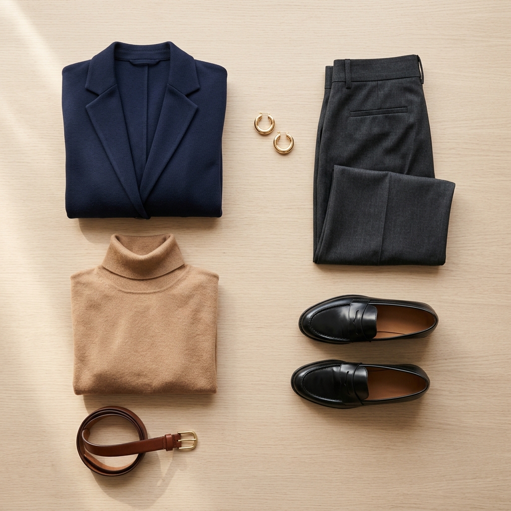 Flat lay of a navy knit blazer, camel turtleneck, charcoal trousers, leather belt, and black loafers on a pale wood surface.