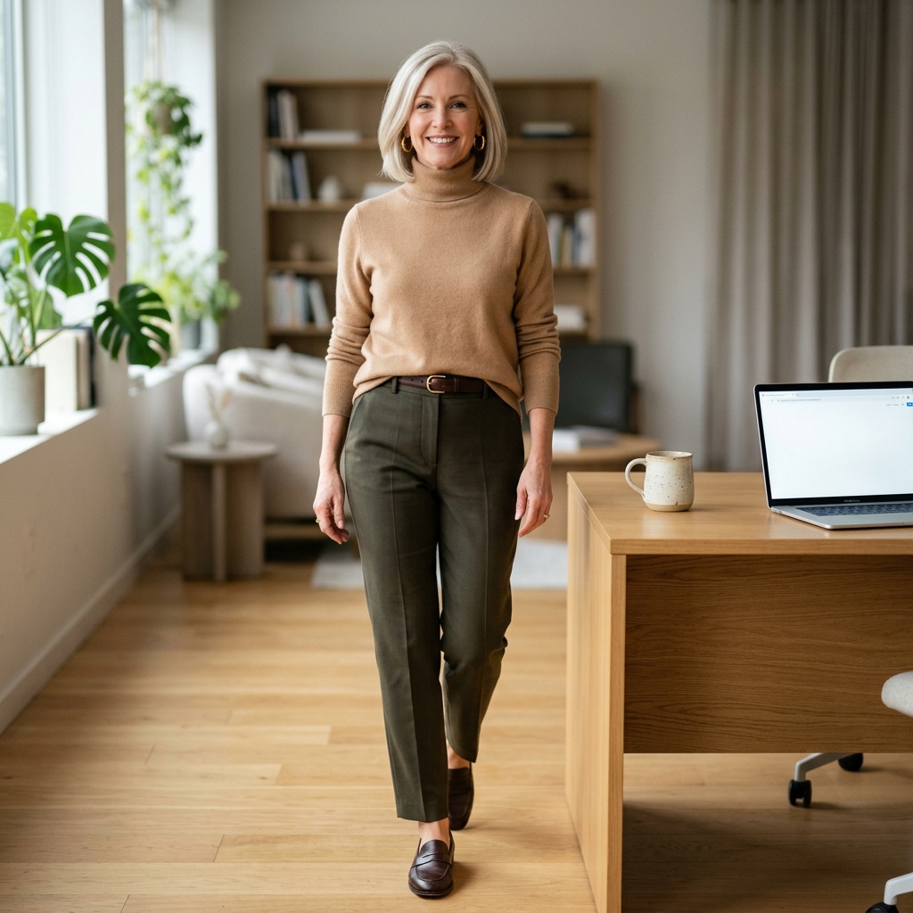 Woman in a camel turtleneck tucked into olive trousers with a brown leather belt, standing beside an office desk.
