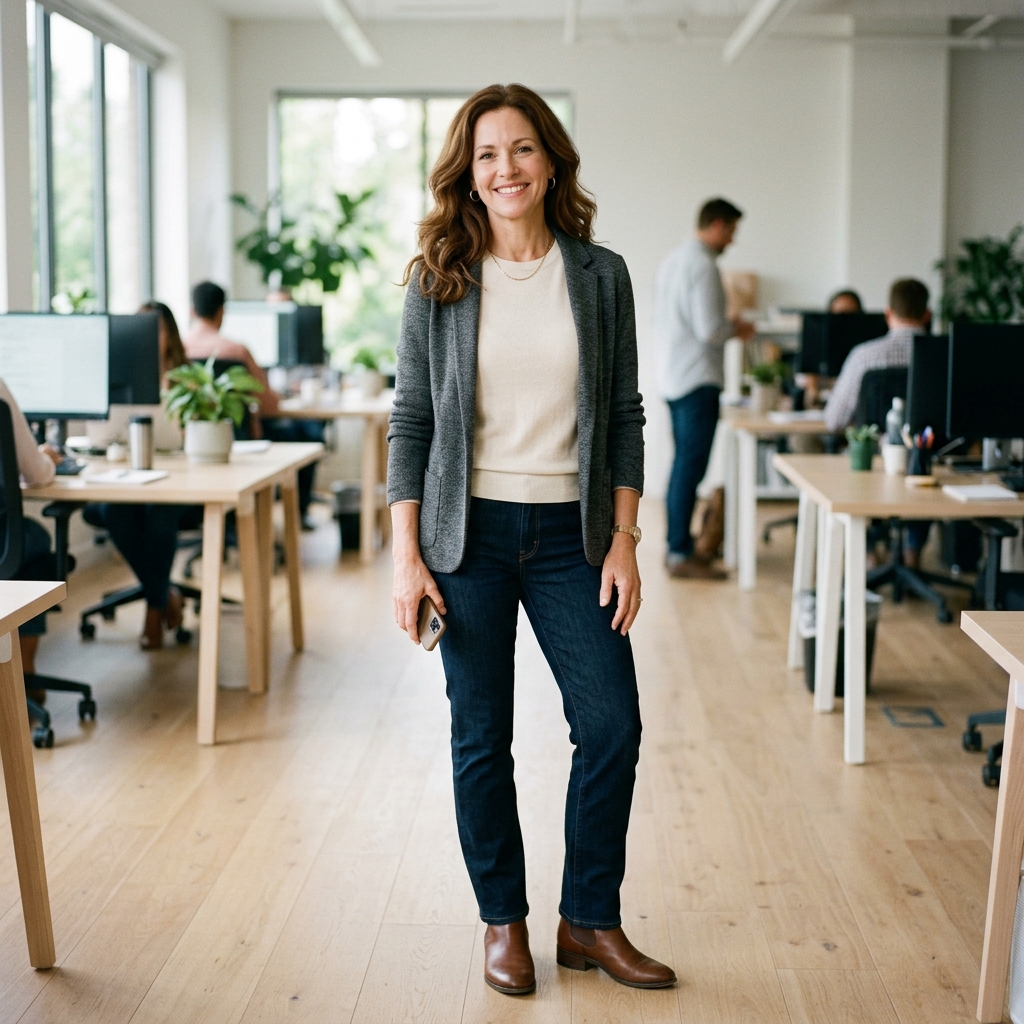 Woman in dark straight-leg jeans, a cream sweater, a charcoal blazer, and brown ankle boots in a modern office.