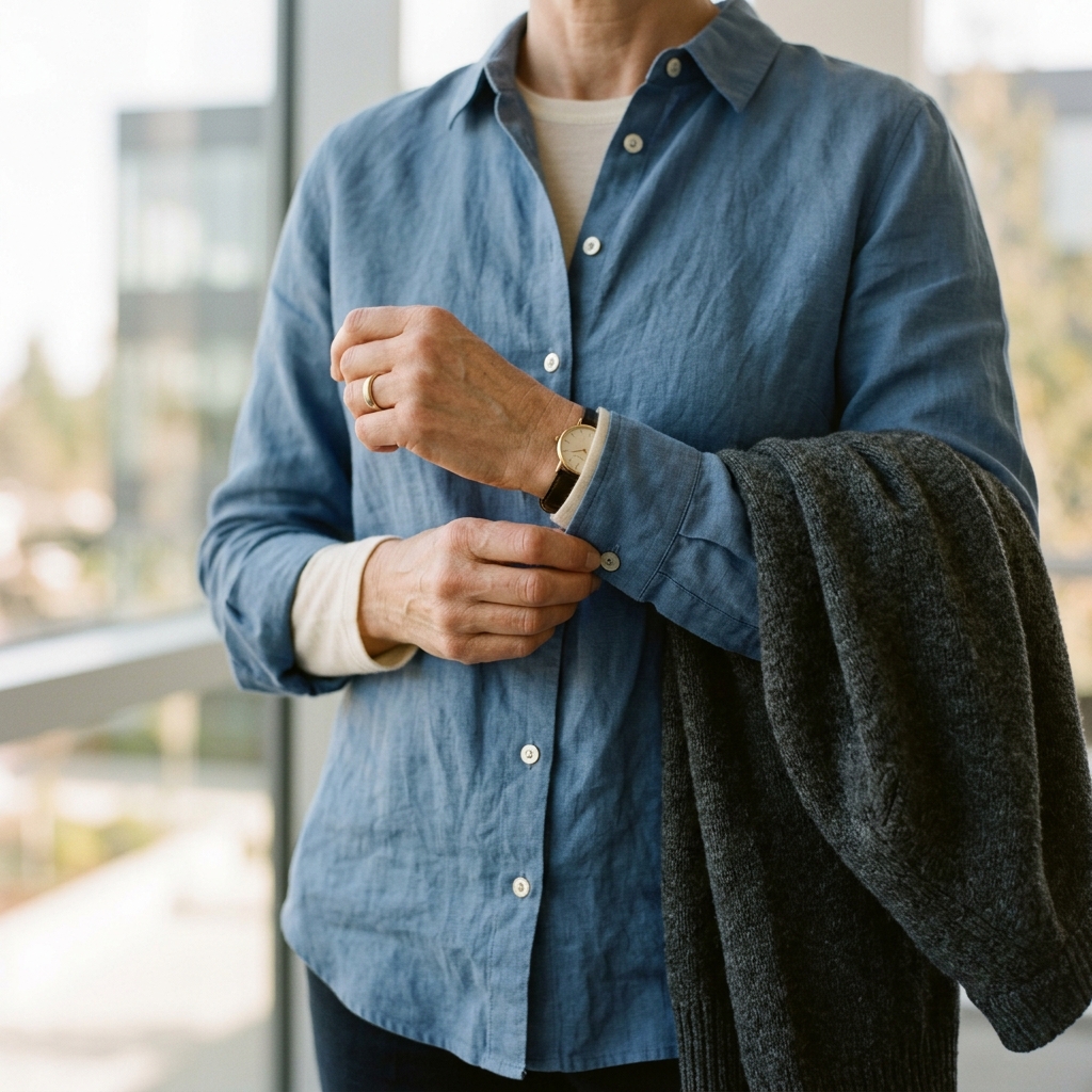 Close-up of layered cream base layer under a blue blouse with a charcoal cardigan over one arm.