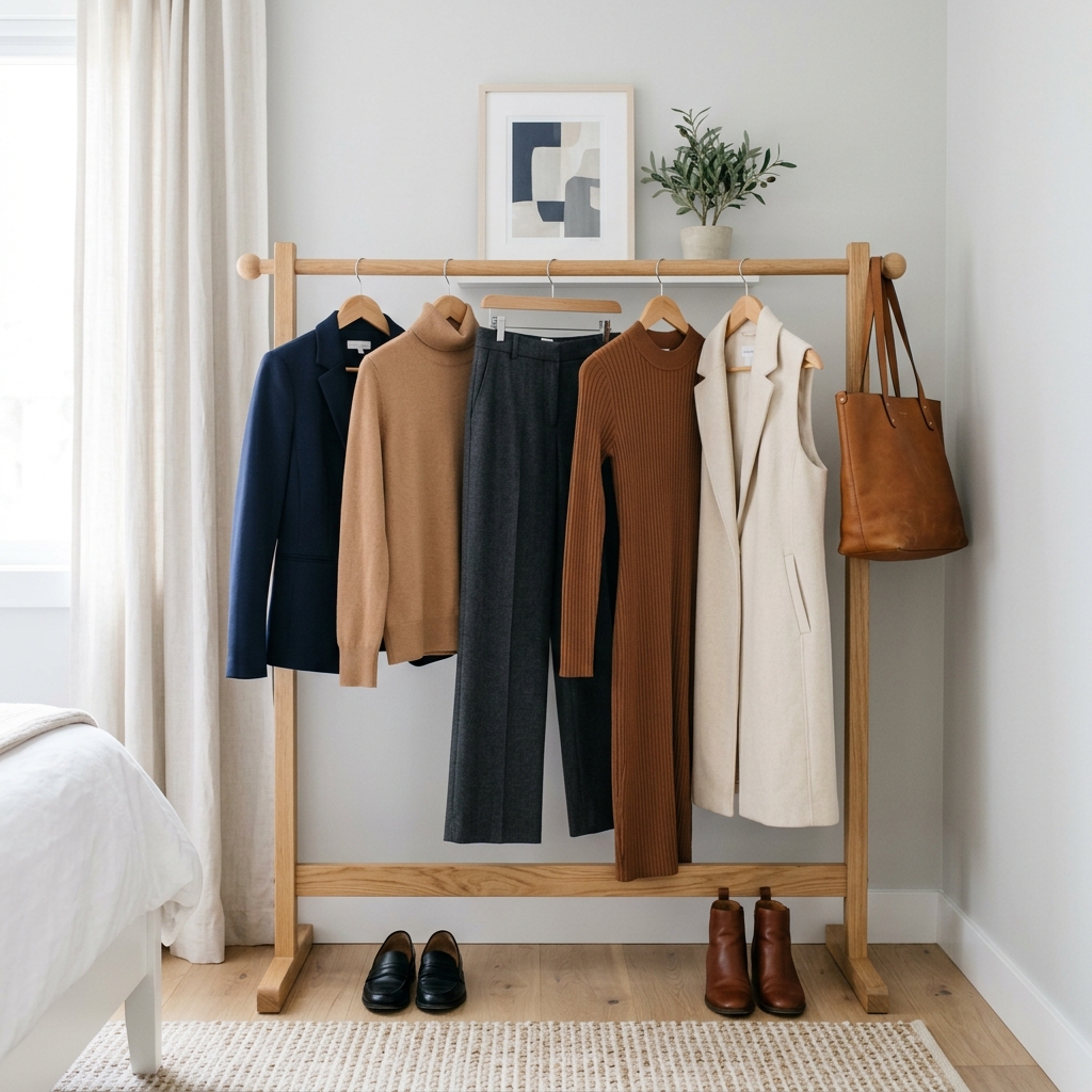 Wooden clothing rail holding a navy blazer, camel turtleneck, charcoal trousers, knit dress, and cream vest with loafers and boots below.