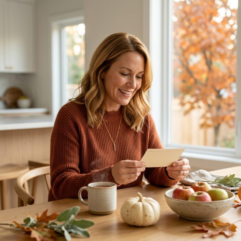 A woman reading fall trivia questions and answers from an index card at an autumn table set with cider, apples, and a white pumpkin.