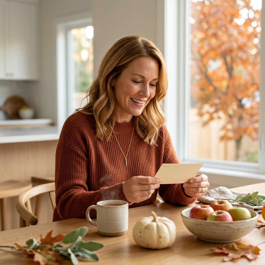 A woman reading fall trivia questions and answers from an index card at an autumn table set with cider, apples, and a white pumpkin.