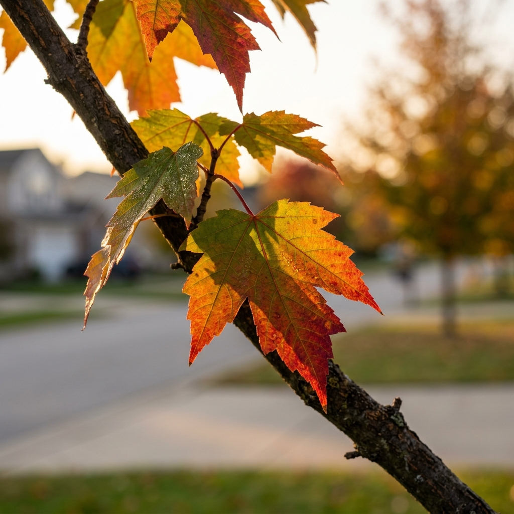 Maple leaves shifting from green to yellow, orange, and red on one branch in low golden light.