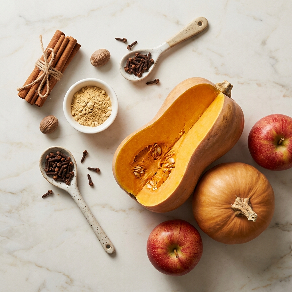Cinnamon sticks, whole nutmeg, ground ginger, cloves, a halved squash, and apples arranged on a marble countertop.