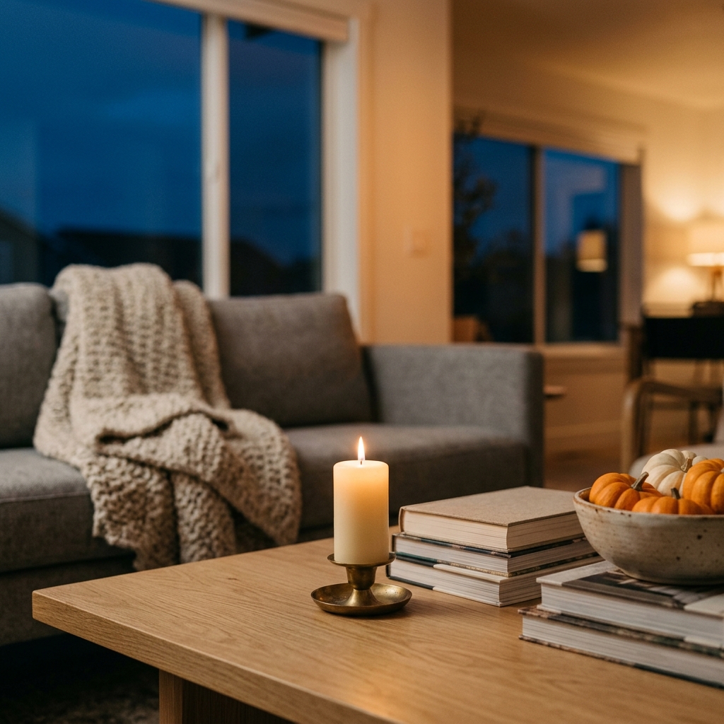 A lit candle and a bowl of mini pumpkins on a coffee table beside a folded knit throw at dusk.