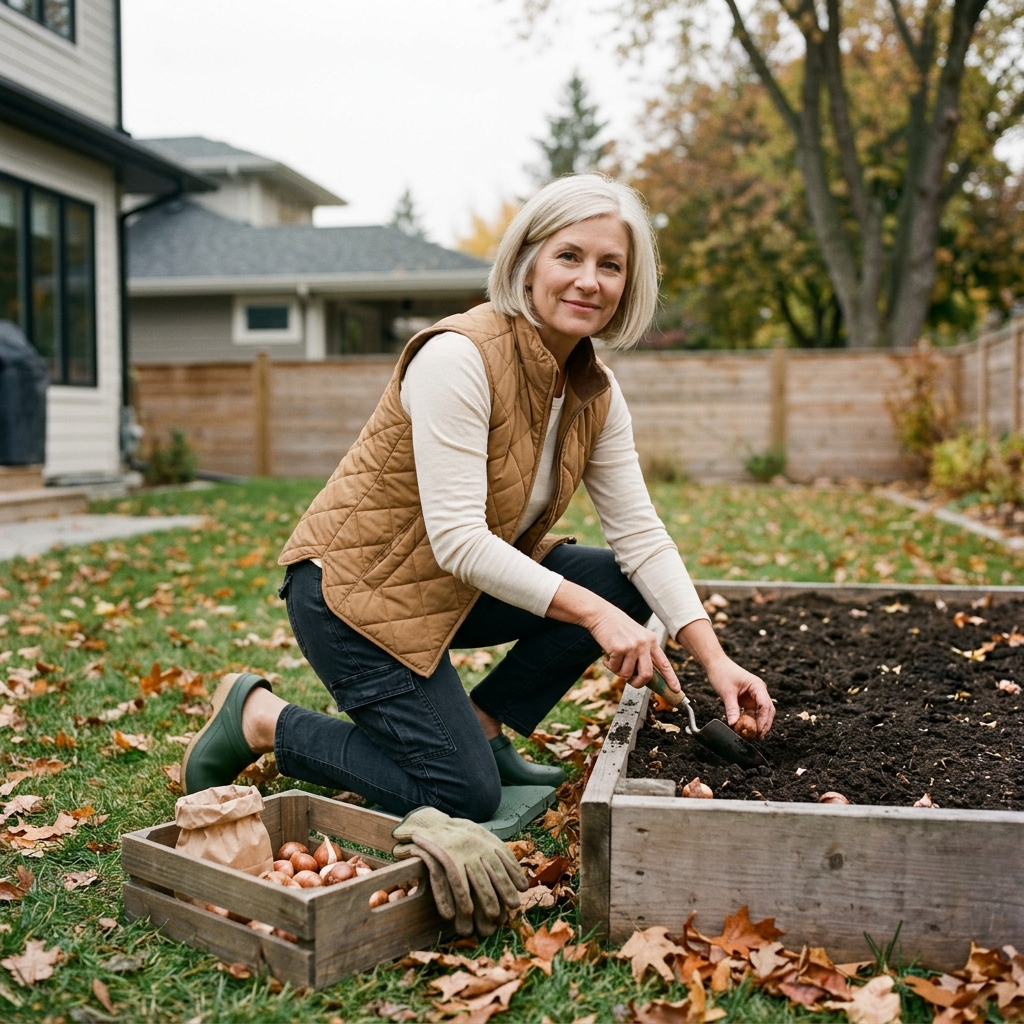 A woman in a camel vest kneeling by a raised garden bed to plant tulip bulbs, with fallen leaves around her.