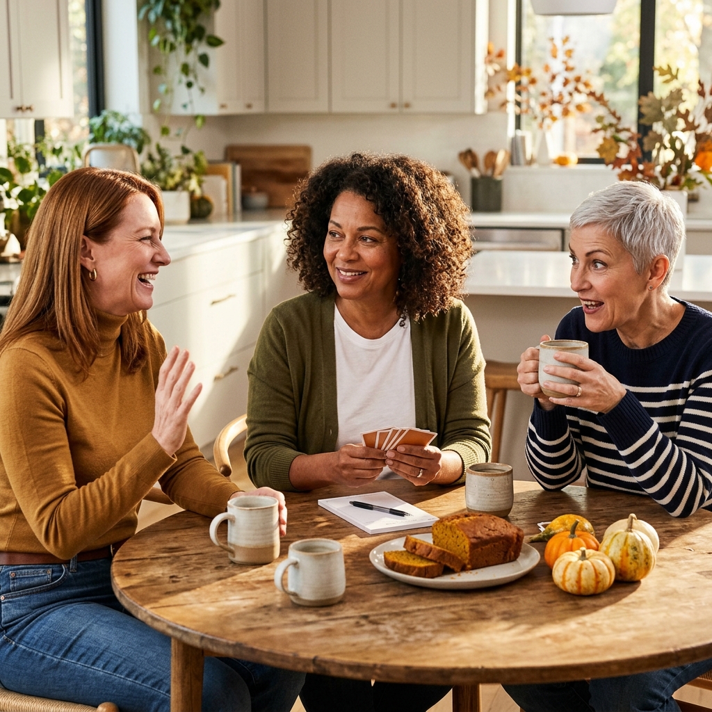 Three friends laughing over fall trivia questions and answers at a wooden table with cider and pumpkin loaf.