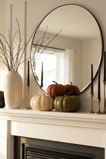 A white fireplace mantel styled with bare branches, cream and rust pumpkins, black pumpkins, and black taper candles, showing fall and Halloween home decor ideas working together.