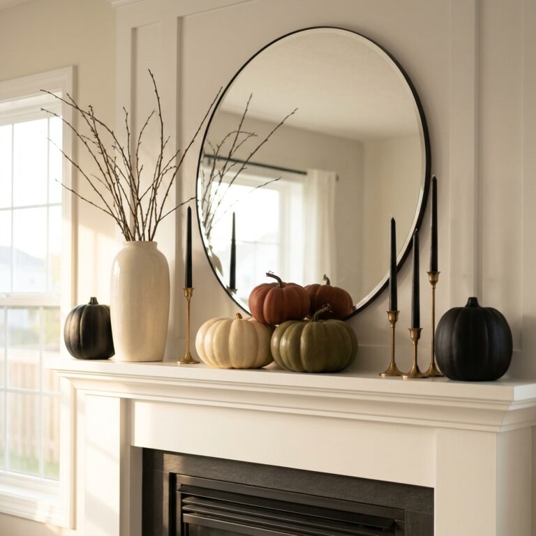 A white fireplace mantel styled with bare branches, cream and rust pumpkins, black pumpkins, and black taper candles, showing fall and Halloween home decor ideas working together.