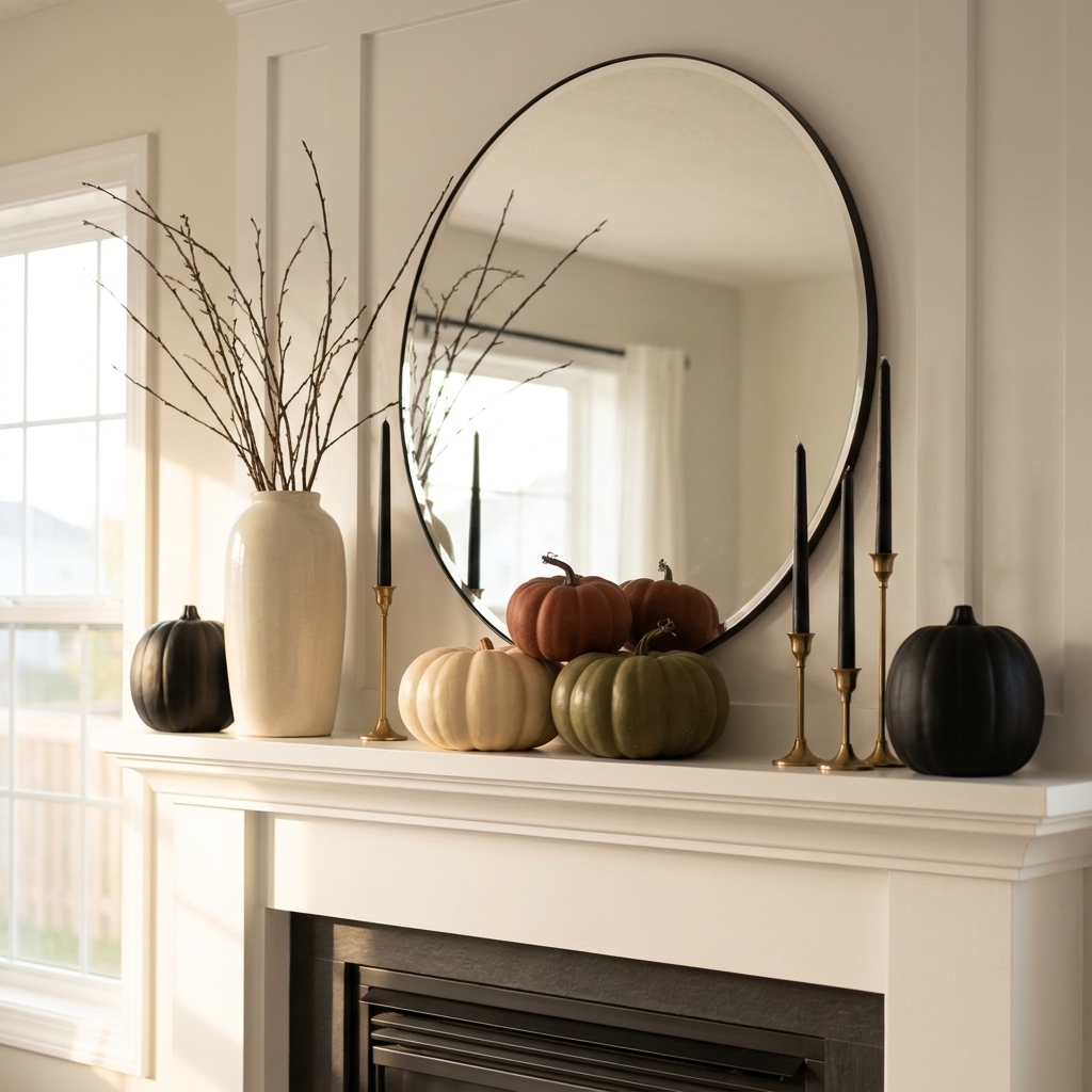A white fireplace mantel styled with bare branches, cream and rust pumpkins, black pumpkins, and black taper candles, showing fall and Halloween home decor ideas working together.