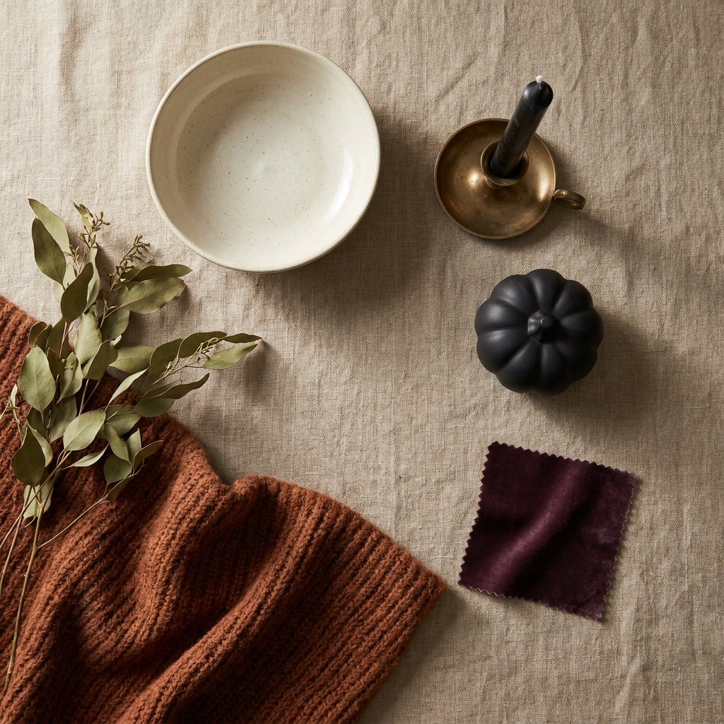 A flat lay of cream, rust, olive, plum, and black home decor pieces on a linen surface.
