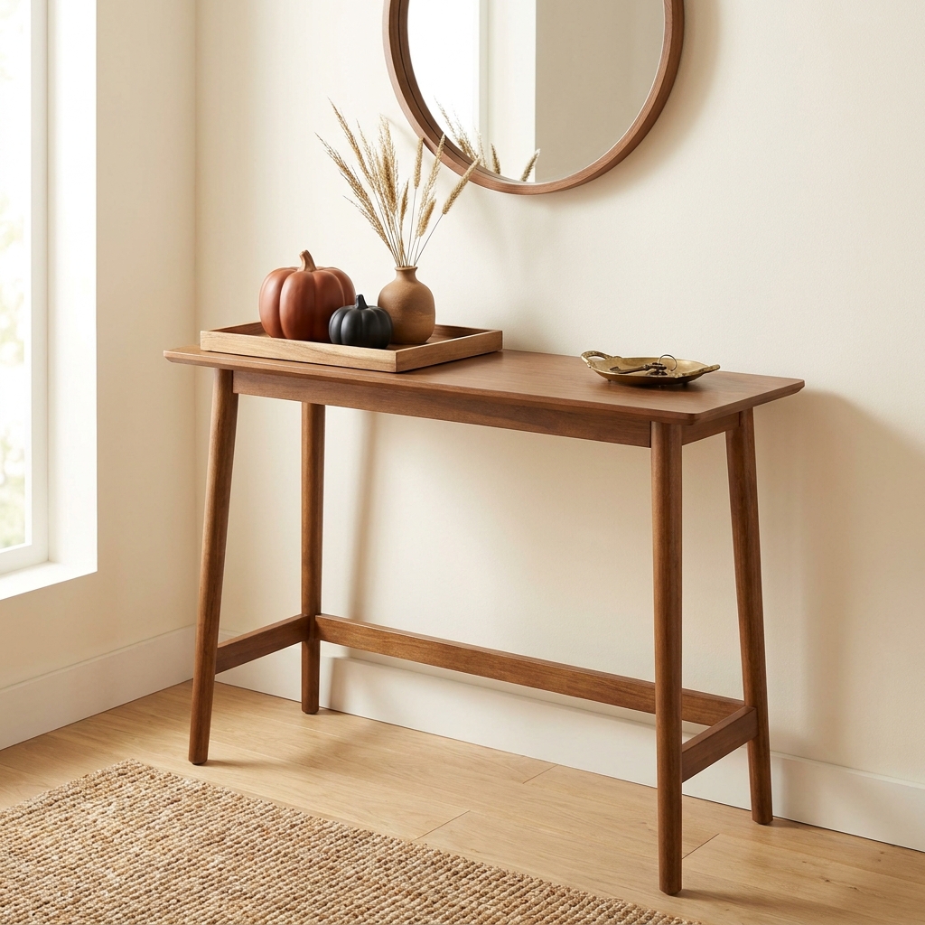 An entryway console table with a wooden tray holding a rust pumpkin, a black pumpkin, and dried grasses in a small vase.