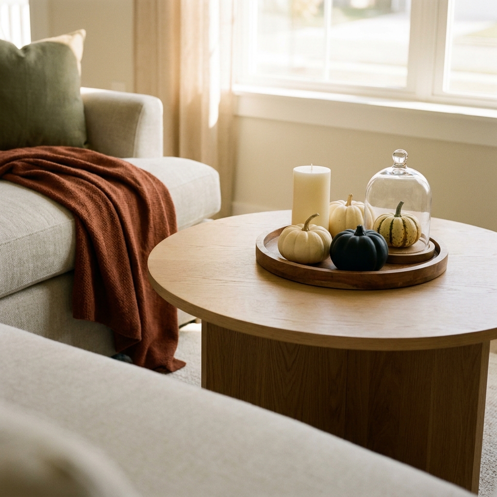  A round oak coffee table with a tray holding a candle, small cream pumpkins, a black pumpkin, and a glass cloche.