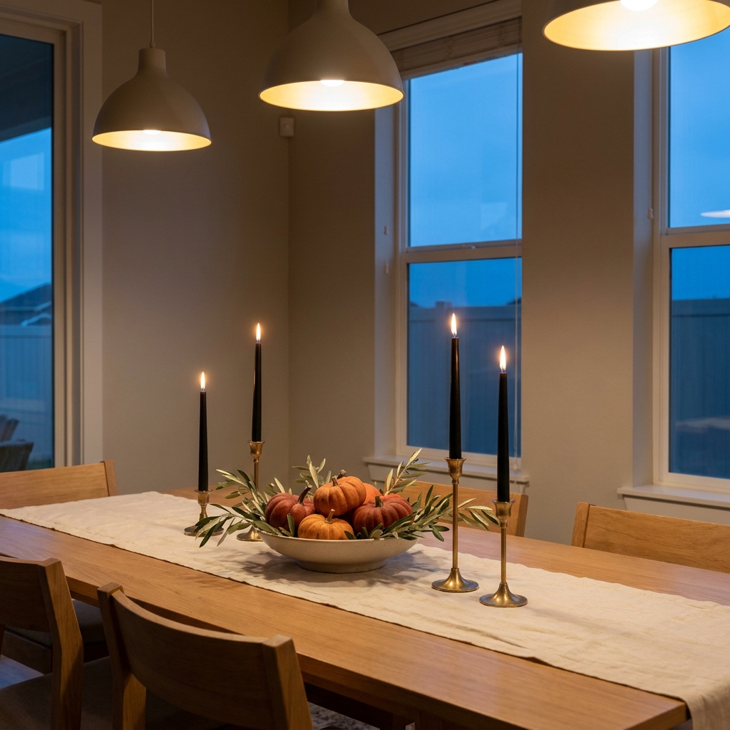 A dining table with a cream linen runner, a low bowl of small pumpkins, and three black taper candles in brass holders.