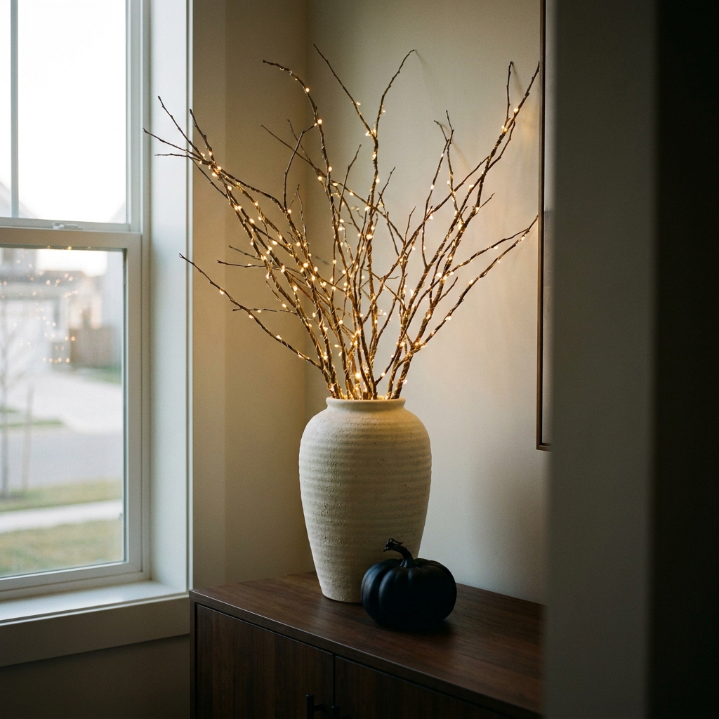 A tall cream vase of bare branches with warm string lights on a wooden sideboard beside a small black pumpkin.
