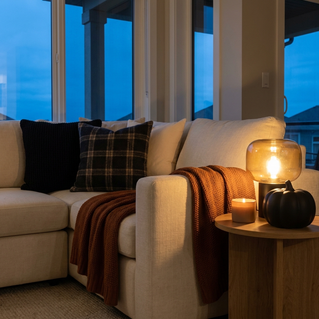 A cream sofa with black and plaid pillow covers, a rust throw, and a glowing table lamp beside a small black pumpkin.