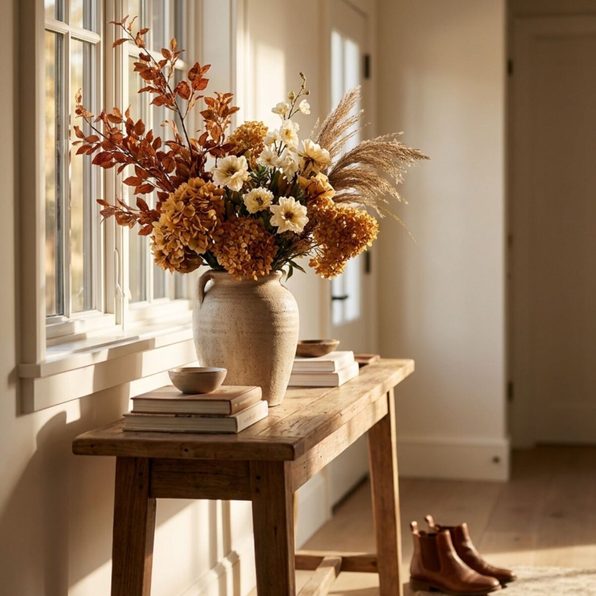 A tall faux floral arrangement in rust and cream tones styled on a wooden entry table for fall.